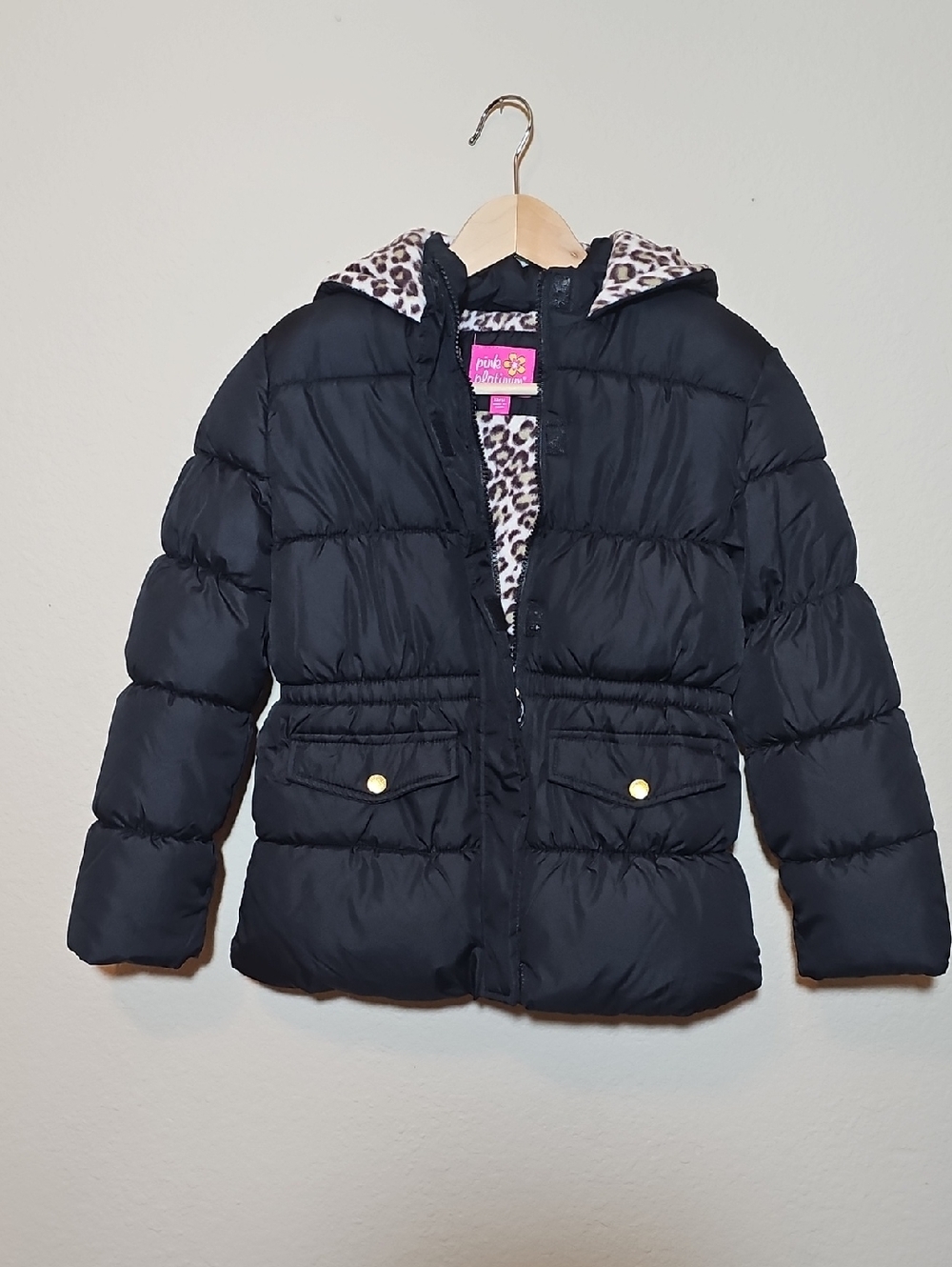Pink Platinum Girls Black Puffer Jacket with Leopard Hood and Scarf